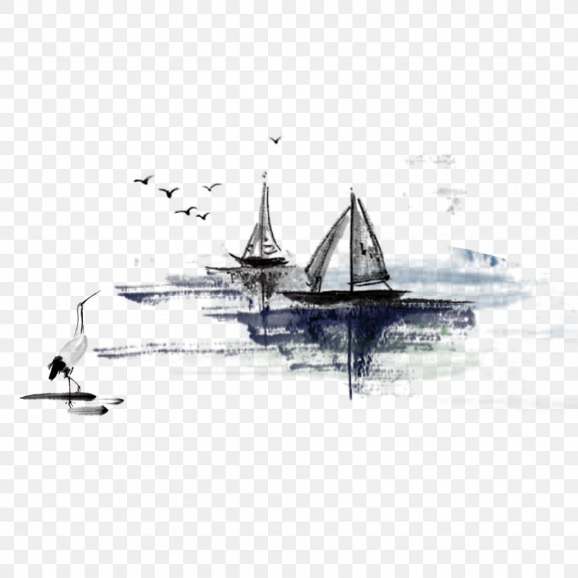 China Ink Wash Painting Ink Brush Illustration, PNG, 945x945px, China, Art, Black And White, Boat, Calm Download Free