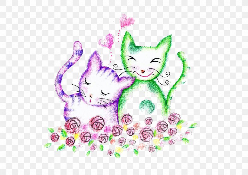 Cat Kitten Drawing Love Wallpaper, PNG, 1024x724px, Watercolor, Cartoon, Flower, Frame, Heart Download Free