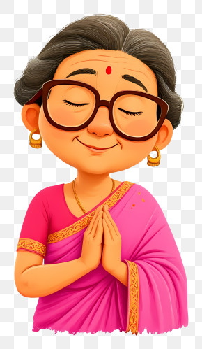 Elderly Indian Lady - Cute Grandmother In Pink Sari Namaste PNG