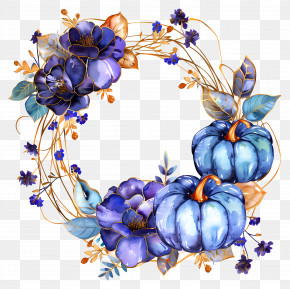 Halloween Wreath - Blue-Themed Pumpkin And Flowers Wreath PNG