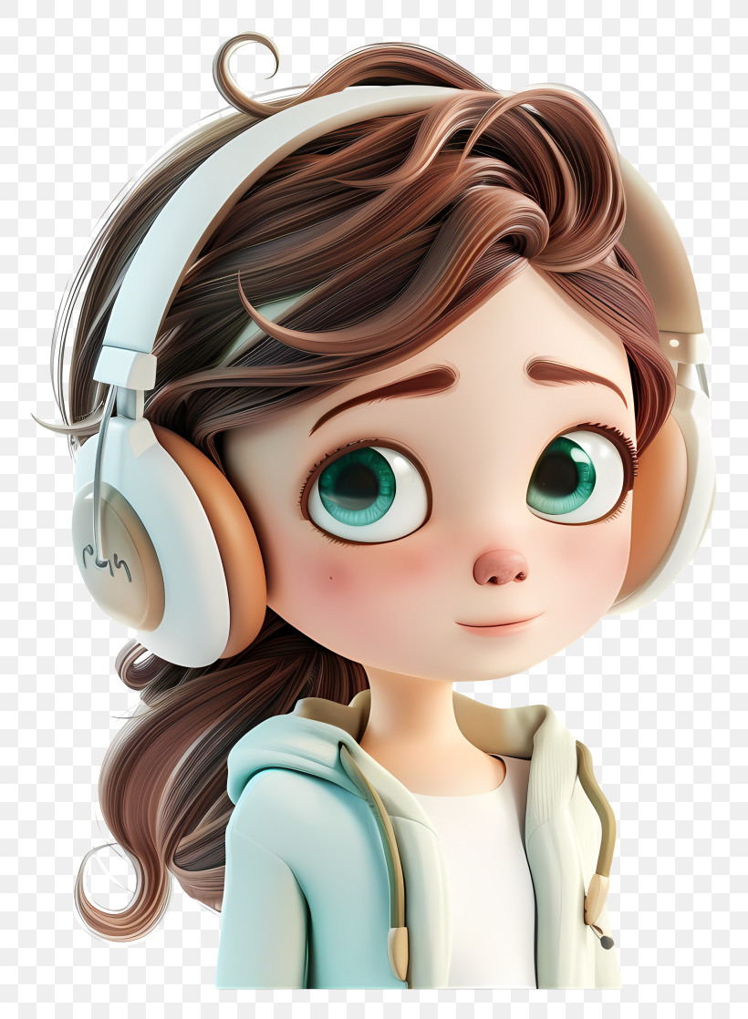 Listening To Music - Cute Girl With Headphones Cartoon PNG