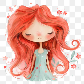 Wreath Girl - Cute Cartoon Girl With Red Hair And Flowers PNG