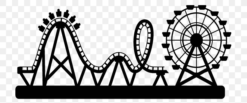 Amusement Park Roller Coaster Water Park Clip Art, PNG, 767x342px, Amusement Park, Auto Part, Bicycle Part, Bicycle Wheel, Black And White Download Free