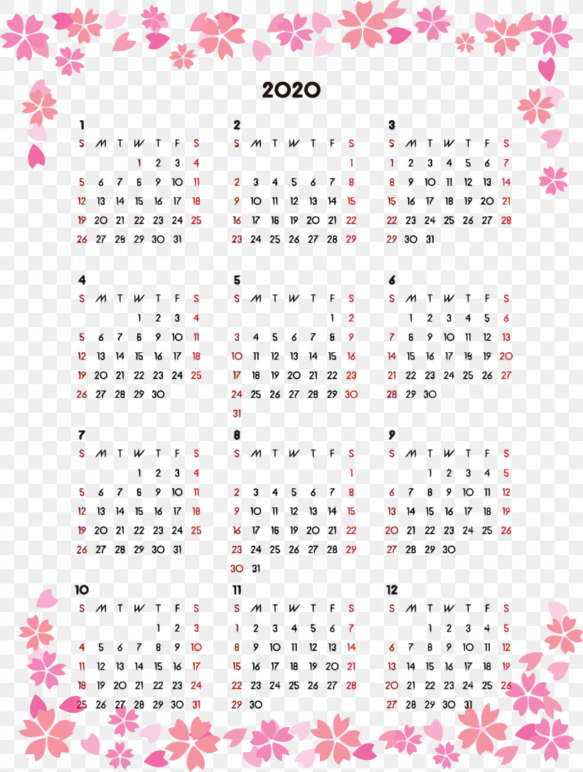2020 Printable Calendar, PNG, 2266x2999px, 2020 Printable Calendar, Line, Magenta, Pink, Text Download Free