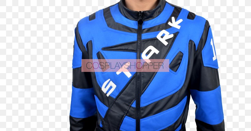 Leather Jacket Iron Man Costume Clothing Cosplay, PNG, 650x430px, Leather Jacket, Antman, Blue, Clothing, Cobalt Blue Download Free