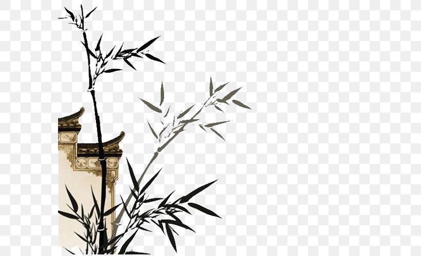 Ink Wash Painting Bamboo Wall Decal, PNG, 595x500px, Ink Wash Painting, Bamboo, Black And White, Branch, Chinese Painting Download Free