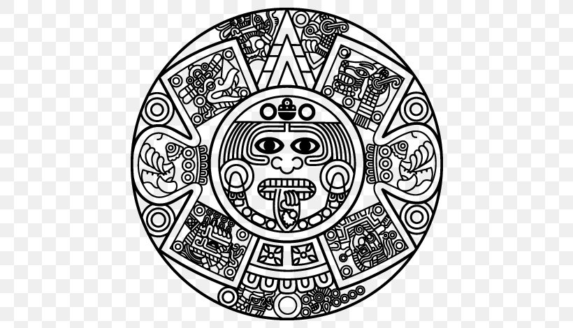 Aztec Calendar Stone Maya Civilization, PNG, 600x470px, Aztec Calendar Stone, Art, Aztec, Aztec Calendar, Black And White Download Free