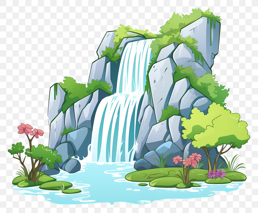 Doodle Style Waterfall - Bright And Playful Cartoon Waterfall In A Scenic Landscape PNG