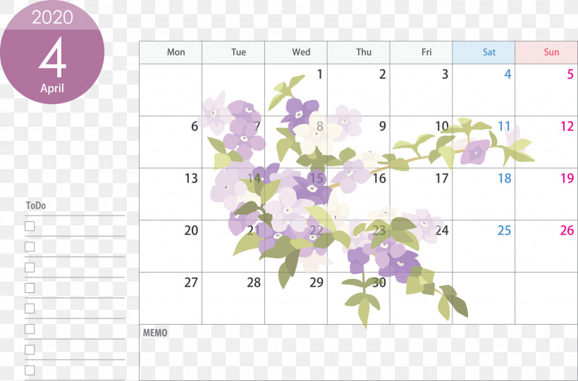 April 2020 Calendar April Calendar 2020 Calendar, PNG, 3000x1982px, 2020 Calendar, April 2020 Calendar, April Calendar, Flower, Lavender Download Free