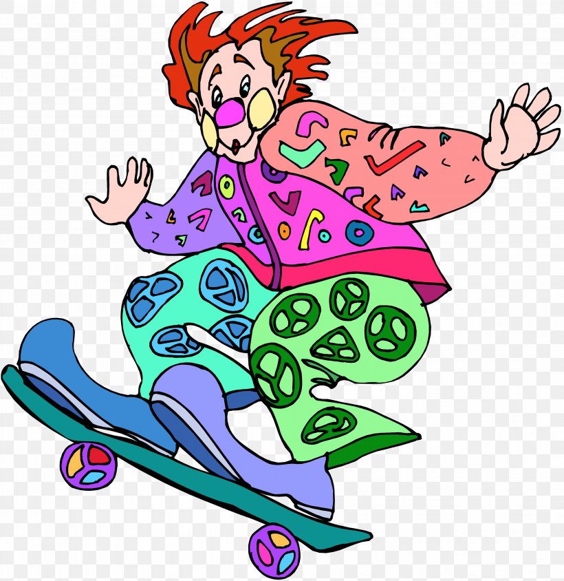 Clown Skateboarding Clip Art Image, PNG, 4159x4284px, Clown, Animation, Art, Cartoon, Drawing Download Free