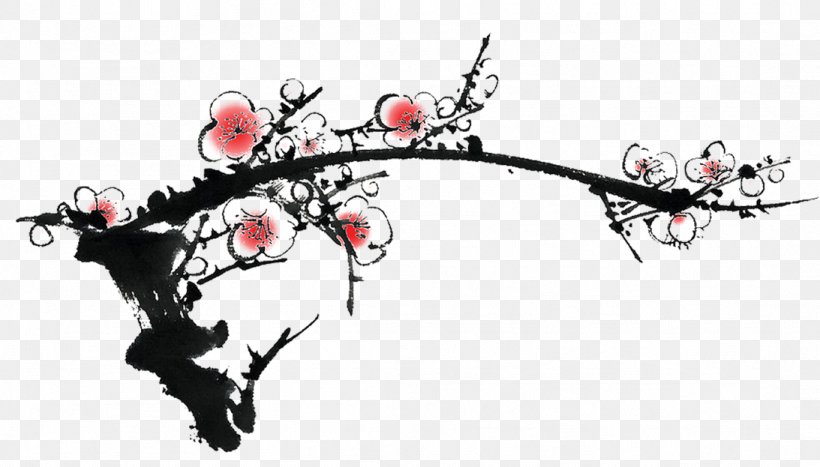 Plum Blossom Ink Wash Painting Four Gentlemen Chinese Painting, PNG, 1093x623px, Plum Blossom, Art, Bamboo, Black And White, Branch Download Free