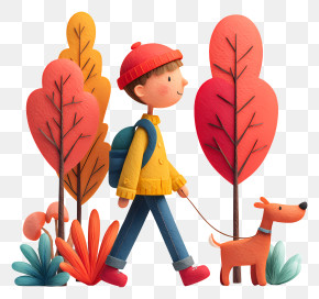 Boy Walking With Dog - Boy Walking Dog In Autumn PNG