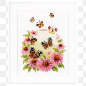 Cross Stitch Logo - Floral Cross-stitch Embroidery Echinacea With Butterflies PNG