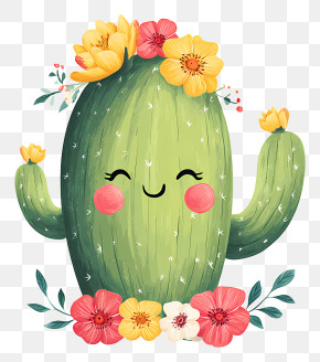 Kawaii Cactus - Smiling Cactus With Flowers PNG