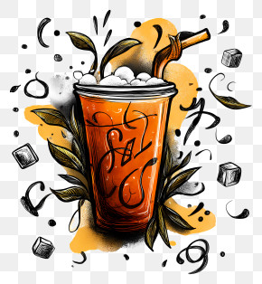 Sweet Tea - Refreshing Orange Drink With Leaves And Ice Cubes PNG