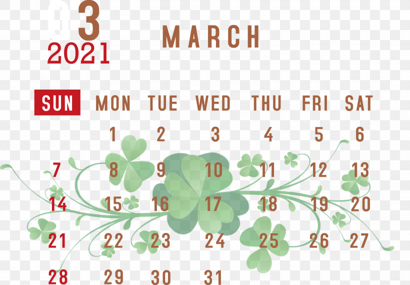 March 2021 Printable Calendar March 2021 Calendar 2021 Calendar, PNG, 2999x2083px, 2021 Calendar, March 2021 Printable Calendar, Floral Design, Green, Leaf Download Free