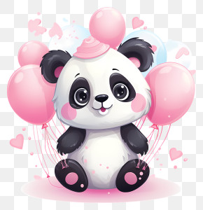 Panda Day - Cute Panda With Pink Balloons PNG