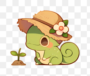 Little Chameleon In Farmer Hat PNG