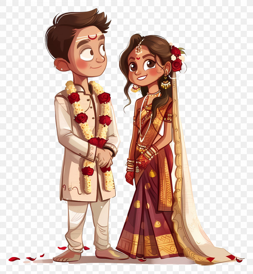 Hindu Wedding - Cartoon Couple In Traditional Wedding Outfits PNG