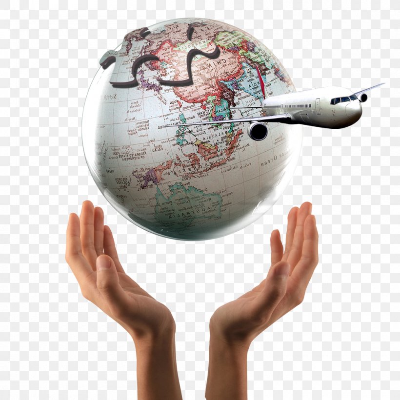 Globe Airplane Travel Insurance Flight, PNG, 1000x1000px, Globe, Airplane, Baggage, Flight, Hand Download Free