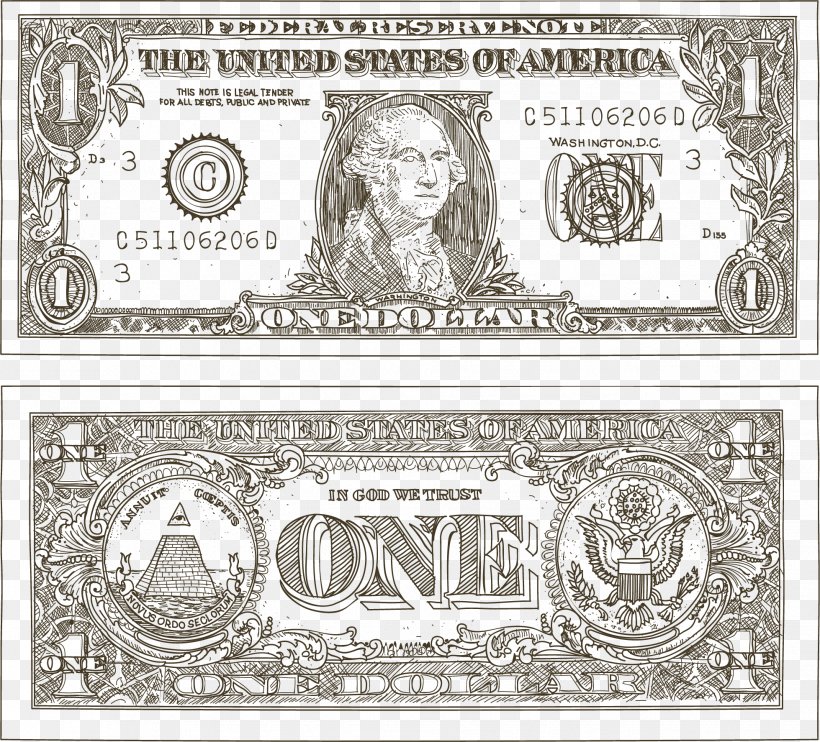 Paper Cash Banknote United States Dollar United States One-dollar Bill, PNG, 1959x1774px, Paper, Banknote, Black, Black And White, Cash Download Free