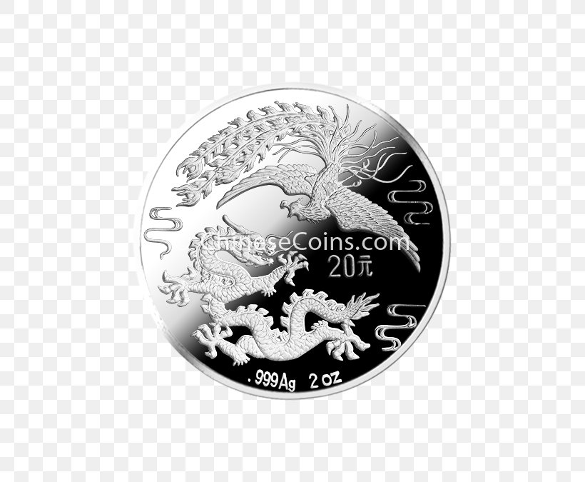 Silver Coin Metallic Dragon Fenghuang, PNG, 675x675px, Silver, Black And White, Coin, Culture, Dragon Download Free
