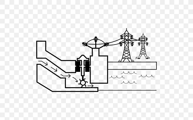 Hydroelectricity Hydropower Transmission Tower, PNG, 512x512px, Hydroelectricity, Area, Artwork, Black And White, Dam Download Free