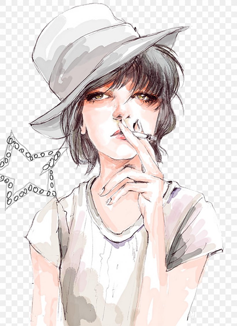 Hand-painted Smoking Lady, PNG, 1500x2066px, Watercolor, Cartoon, Flower, Frame, Heart Download Free