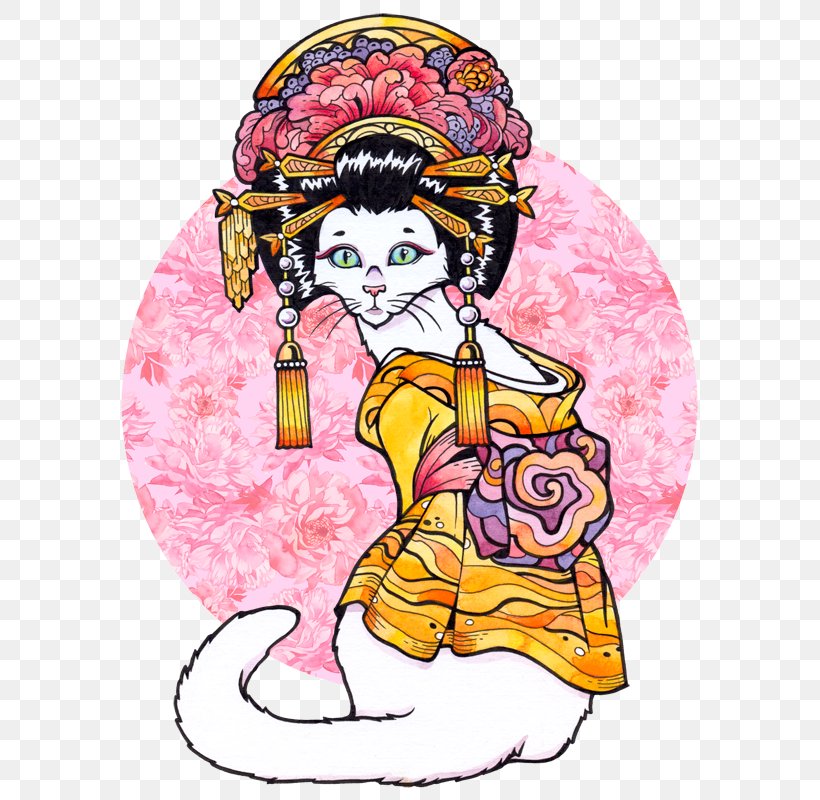 Geisha Cat Clip Art, PNG, 602x800px, Watercolor, Cartoon, Flower, Frame, Heart Download Free