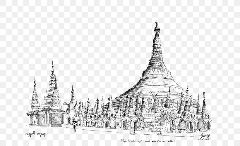 Shwedagon Pagoda Temple Drawing Burmese, PNG, 700x500px, Shwedagon Pagoda, Black And White, Building, Burma, Burmese Download Free