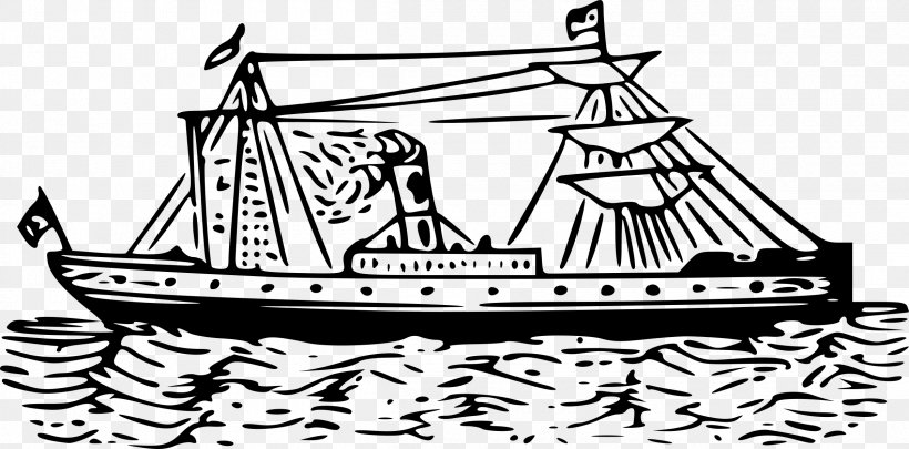 Steamboat Steamship Clip Art, PNG, 2400x1187px, Boat, Artwork, Baltimore Clipper, Barque, Black And White Download Free