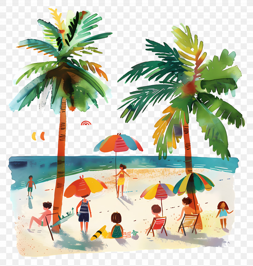 Beach Scene - Beach Scene With Palm Trees And People, PNG, 3852x4052px ...