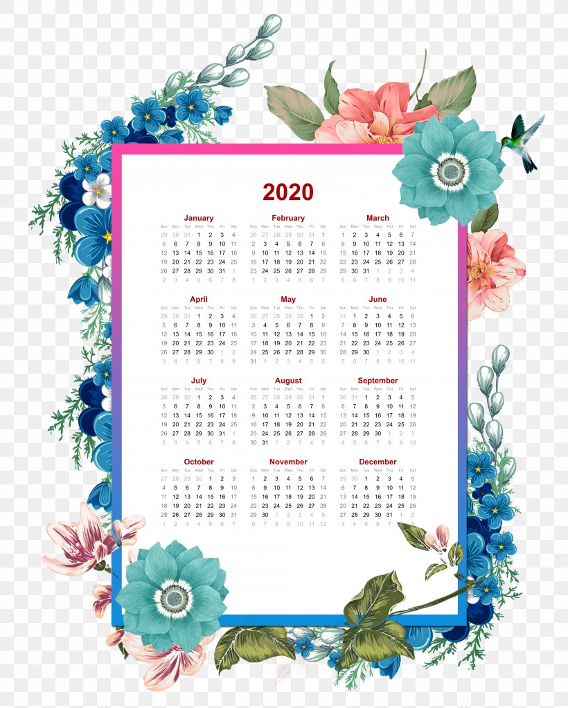 2020 Flower Yearly Calendar Downloadable Template., PNG, 3976x4961px, Borders And Frames, Art, Calendar, Decorative Arts, Drawing Download Free