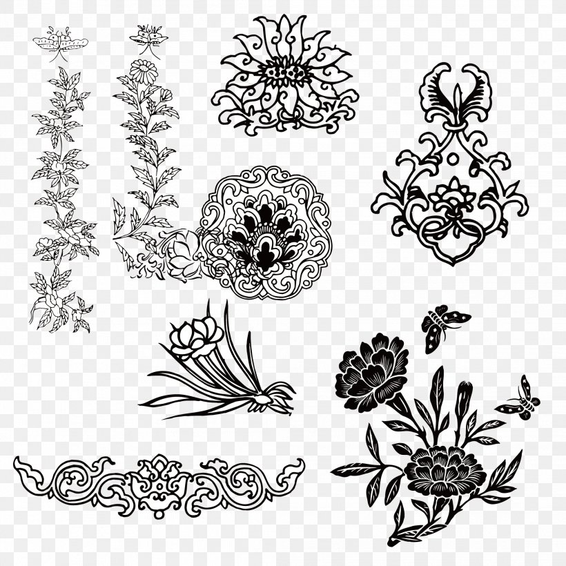 Dainty outline black floral motif | Stock vector | Colourbox
