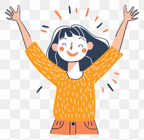 Excited Woman - Joyful Woman In Cartoon Style Raising Hands PNG