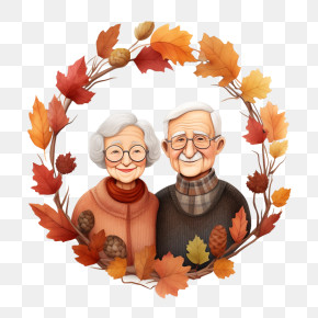 Grandparents Day - Elderly Couple With Autumn Leaves Illustration PNG