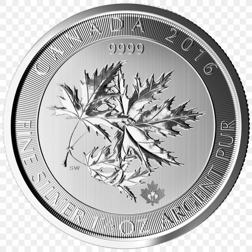 Silver Coin Canadian Gold Maple Leaf, PNG, 1000x1000px, Coin, Black And White, Canada, Canadian Dollar, Canadian Gold Maple Leaf Download Free
