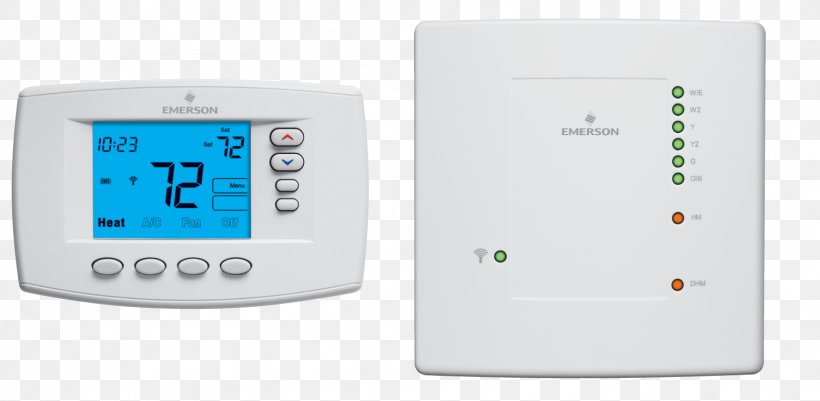Programmable Thermostat Emerson Electric Smart Thermostat Heat Pump, PNG, 1559x763px, Thermostat, Air Conditioning, Central Heating, Electronics, Emerson Electric Download Free