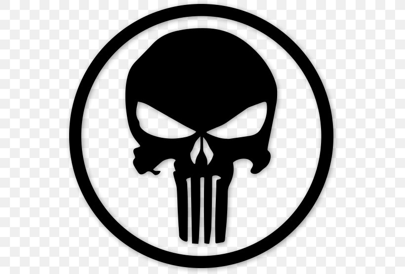 Punisher Decal Logo Bumper Sticker, PNG, 555x555px, Punisher, American Comic Book, Black And White, Bone, Brand Download Free