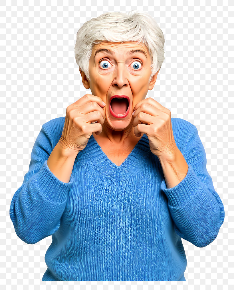 Shocked Elderly Woman - Surprised Elderly Woman In Blue Sweater PNG