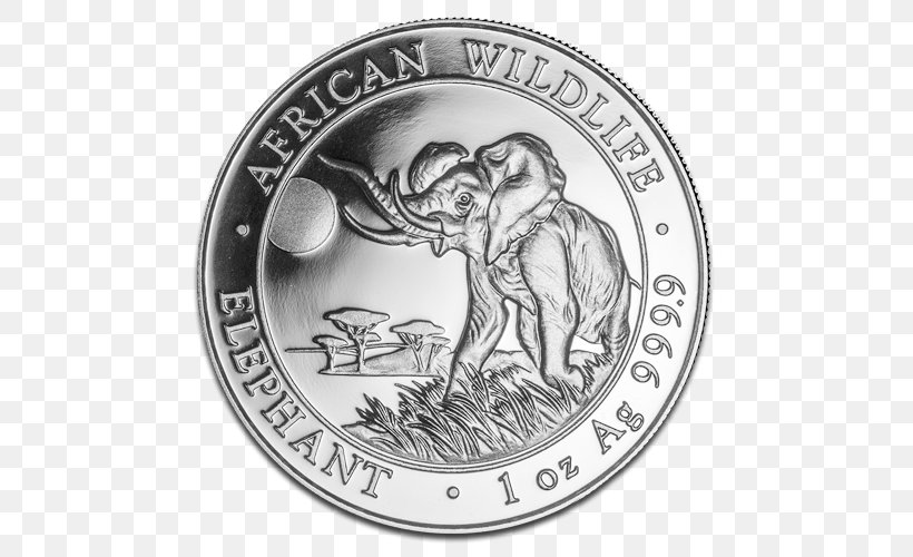 African Elephant Elephantidae Silver Coin Bullion Coin, PNG, 500x500px, African Elephant, Black And White, Bullion, Bullion Coin, Chinese Silver Panda Download Free