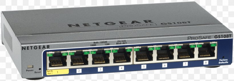 Netgear ProSafe 108 Network Switch Gigabit Ethernet NETGEAR ProSafe GS108Tv2, PNG, 1535x535px, Network Switch, Audio Receiver, Computer Network, Electronic Component, Electronic Device Download Free