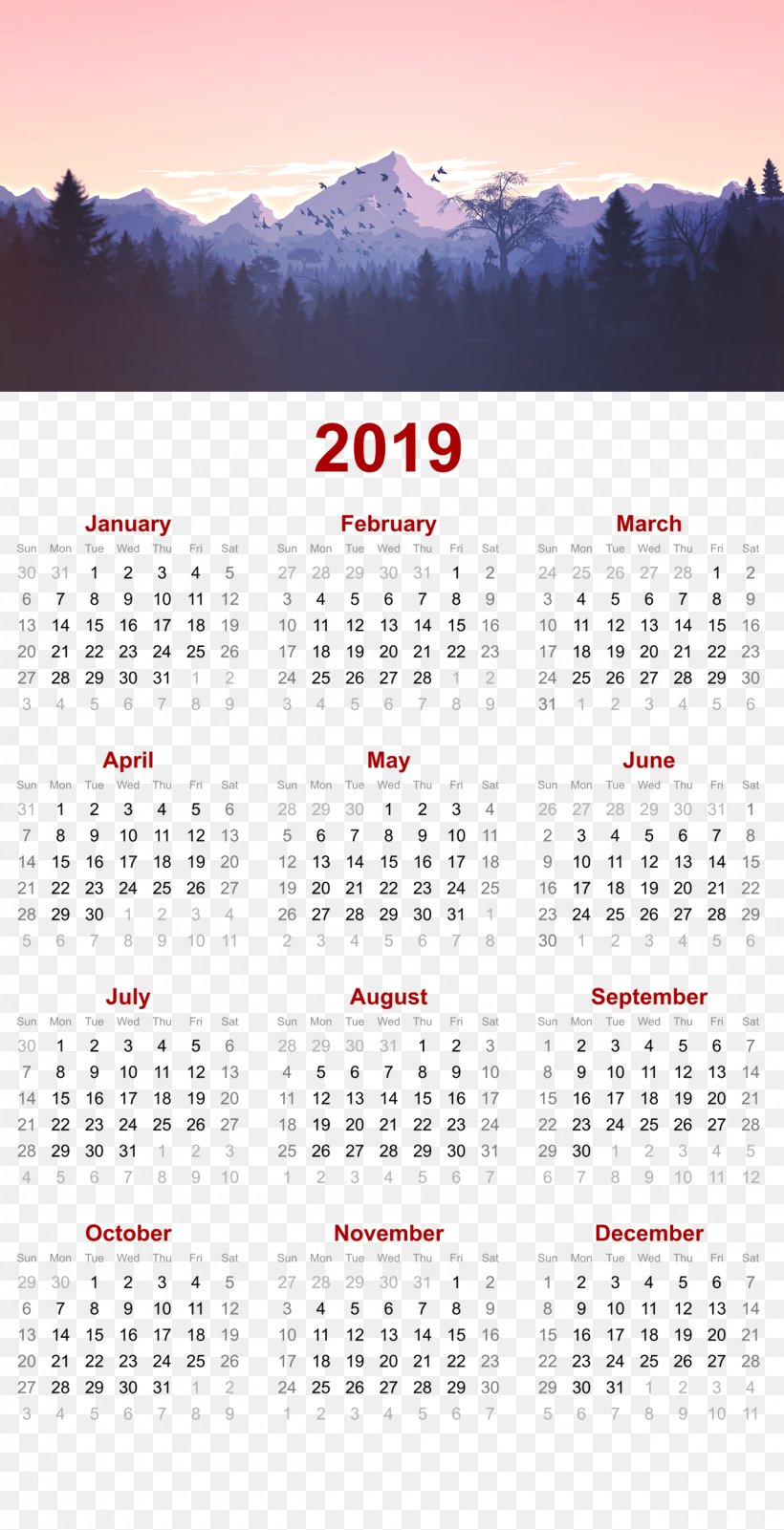 2019 Printable Calendar, PNG, 1280x2500px, 2018, 2019, Calendar, Google Calendar, Iso Week Date Download Free