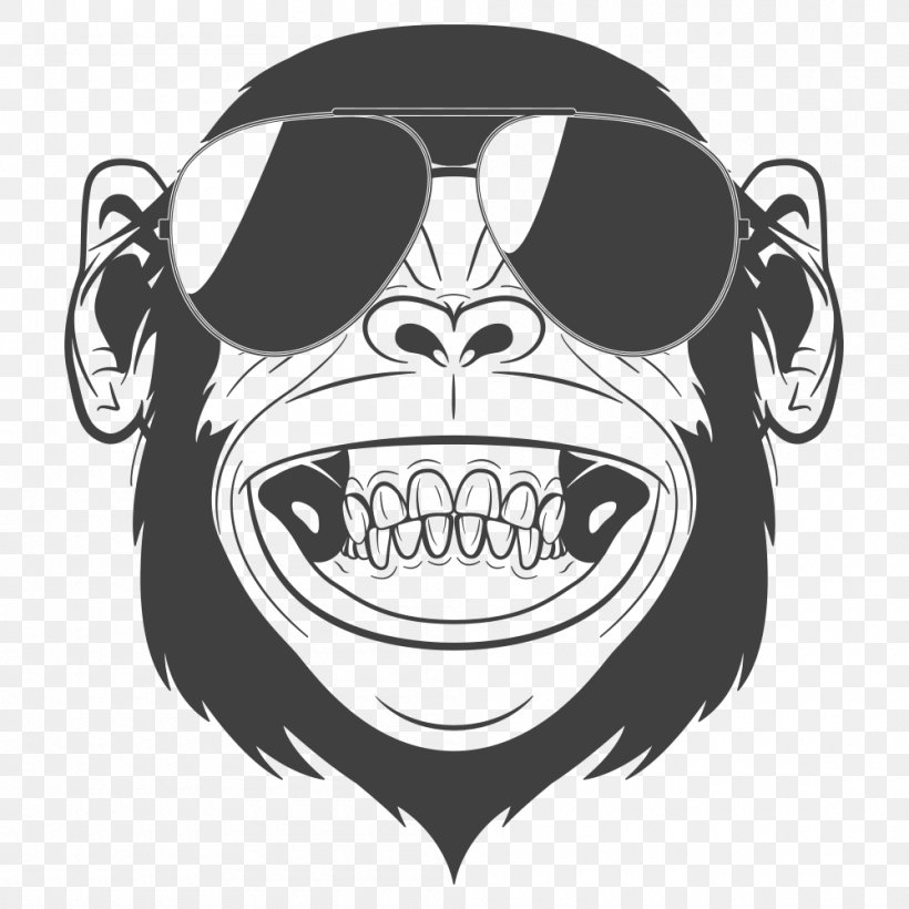Chimpanzee Monkey Headphones Clip Art, PNG, 1000x1000px, Chimpanzee, Black And White, Brand, Diving Mask, Drawing Download Free