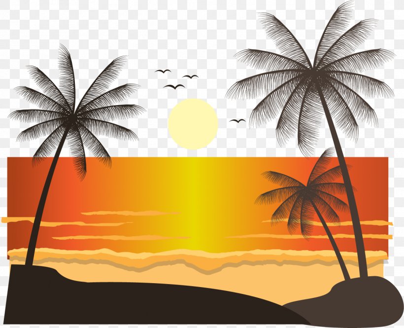 Euclidean Vector Landscape Sunset Arecaceae, PNG, 1343x1090px, Landscape, Arecaceae, Arecales, Beach, Brand Download Free
