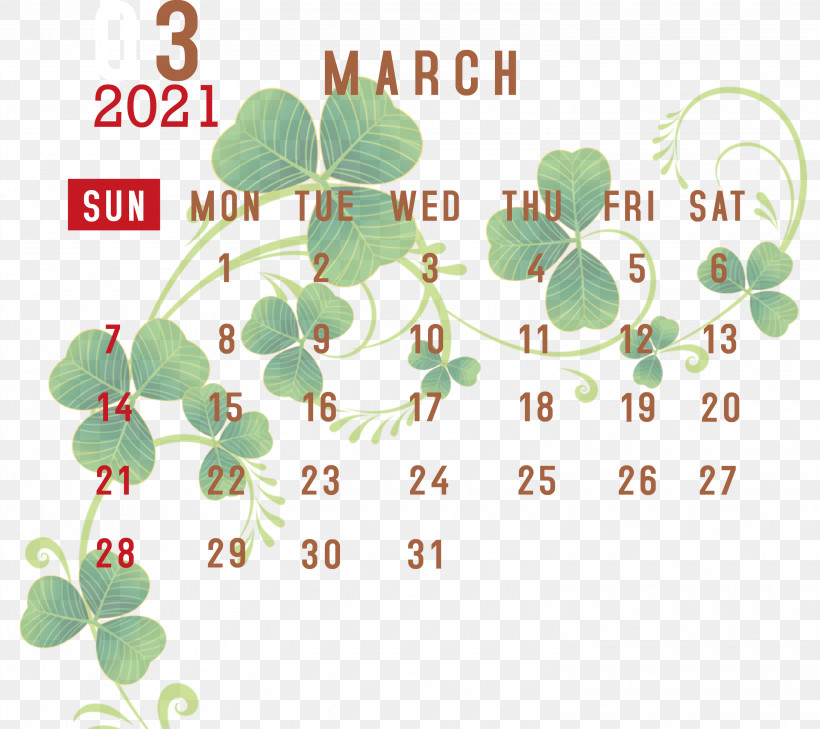 March 2021 Printable Calendar March 2021 Calendar 2021 Calendar, PNG, 3000x2669px, 2021 Calendar, March 2021 Printable Calendar, Biology, Flower, Green Download Free