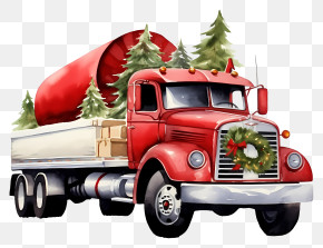Red Semi Truck - Red Christmas Truck With Holiday Decorations PNG