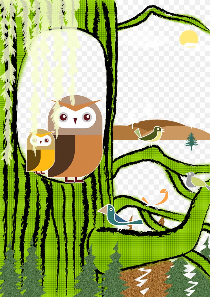 Bird Owl Tree Illustration, PNG, 842x1191px, Owl, Art, Beak, Bird, Bird Of Prey Download Free