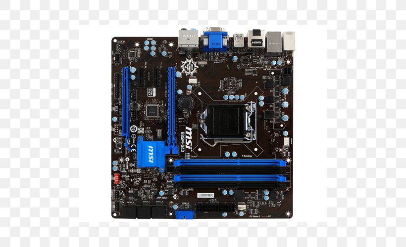 Intel MSI B85M-G43 Motherboard LGA 1150 MicroATX, PNG, 500x500px, Intel, Atx, Central Processing Unit, Computer Component, Computer Hardware Download Free