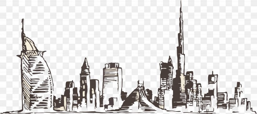 Dubai Skyline Drawing Photography, PNG, 5425x2409px, Dubai, Black And White, Cityscape, Drawing, History Download Free